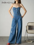 Streetwear Jumpsuits For Women Strapless High Waist Solid Minimalist Denim Wide Leg Pants Female Korean Fashion