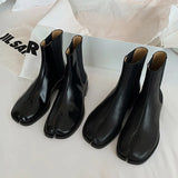 Split Toe Ankle Boots Woman Shiny&Matte Leather Shoes Tabi Ninja Chelsea Botas Mujer Low Heels Trotters Booties