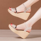 High-Heeled Sandals Women's Gold 2023 New Summer Muffin Thick Soles Large Size One-Word Flat-Soled Soft Sandals Comfortable