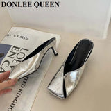 New Arrival Gold Outer Wear Slippers Women Fashion Slip On Square Toe Stiletto Mules Comfortable Heel Slide For Party