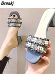 2023 Sandals Slippers for Women's Summer Thick-heeled Slides High Heels Flip-flops Women Korean Pearl Open-toe