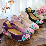 Breakj Shoes, Single Shoes, Peony Folding Fan Ancient Wind Embroidered Cloth Shoes, A Word Buckle Retro Slope Heel