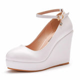 Breakj Bottom Heel Single Shoe With White Round Head Waterproof Table Slope Heel Wedding Shoes Pine