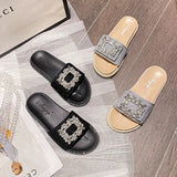 Size 34-43 Crystal Buckle Slippers Woman Glitter Cloth Slides Outside&Home Casual Flipflops Lady Slip On Flat Sandals
