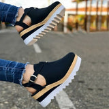 Sandals Vintage Wedge Shoes Woman Buckle Strap Straw Thick Bottom Flats Platform Sandals Flock Female Shoes Summer