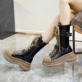 Platform Motorcycle Boots Women Autumn Winter PU Leather Mid Calf Boots Woman Punk Thick Bottom Combat Botas Mujer