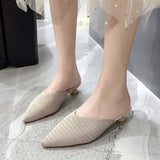 Slippers Women New Summer Shoes Women Fashion Pointed Toe Slides Spike Heels Beige Elastic Mesh Mules Female