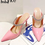 Brand Fashion Rhinestone Women Pumps White Leather Thin High Heels Mules Sandals Sexy Pointed Toe Stiletto Shoes