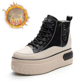 Women Shoes Soft Leather 8cm Platform Boots Wedge Hidden Heel Zip Spring Autumn Warm Fur Winter Plush Shoe