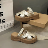 Breakj Version Of The Trend Fashion Slippers Women's Hollow Beads Wearing Beach Shoes Simple Thick Soles Small Height