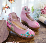 Breakj Shoes, Single Shoes, Peony Folding Fan Ancient Wind Embroidered Cloth Shoes, A Word Buckle Retro Slope Heel