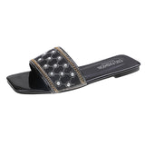 Breakj Version Of Beads Type Flat Bottom Slippers Female Slippers Square Head One Foot Pedal Home Pearl Slippers