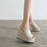 Concise Leather Peep Toe Wedges Slippers Sandals Women 12 CM High Heels Female Platform