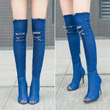 2017 New Fish Mouth Cow Carefully Follow The Knee Boots With The Same Thin Leg Elastic Sandals In