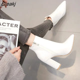 Women Mid Calf White Point Toe Boots High Heels Fashion Pointed Toe Killer Booties Women's Boots White