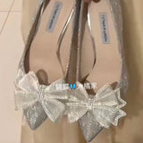Breakj High Heels Female Sheel Fairy Style French Dress Bridesmaid Gold Wedding Shoes Tip Light Bow Single
