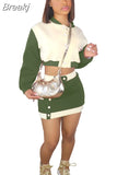 Winter Fall Outfits Women Patchwork Baseball Coat + Mini Skirts Sets 2 Piece Sets Womens Outfit Casual Streetwear