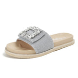 Size 34-43 Crystal Buckle Slippers Woman Glitter Cloth Slides Outside&Home Casual Flipflops Lady Slip On Flat Sandals