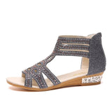 Women's Sandals Summer Golden Zipper Sandal Open Toe Gladiator Hollow Low Heel Sandals Bling wedges Pumps Ladies'