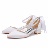 Breakj Cm Low Heel Tip Hollow Sandals Coarse Heel Beaded Women's Shoes White Mute PU Wedding Banquet Bridal