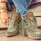 Women Faux Suede Boots Autumn Causal Lace Up Round Toe Female Ankle Boots Vintage Solid Tassel Ladies Cowboy Boots Short