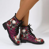 Skeleton Rose Women Snow Ankle Boots Motorcycle Skull Low Heels Shoes Vintage Pu Warm Winter Increase The 43 botas de