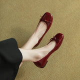 Vintage Bow Knot Lacquered Leather Bean Shoes Women's Flat Soles Summer Autumn Square Head Single Shoes Thick Heels Wine