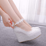 Breakj Lace Wedding Shoes Slope Heel Single Shoes Buckle With Slope Heel Shoes Waterproof Table Large Size