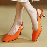 Sqaure Toe Slingback Shoes for Women 2022 Elegant Pu Leather Orange Pumps Woman Back Strap High Heels Sandals