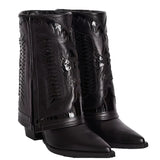 women's autumn and winter new fashion leather flower ankle boots white stitching thick heel pointed