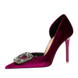 Breakj Banquet High Heels With Thick Suede Tip Side Hollow Out Metal Diamond Buckle Super High