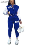 Pink Printed Baseball Coat Pants Two Piece Sets Spring Fall Outfits Womens Track Suits Casual Fashion Streetwear