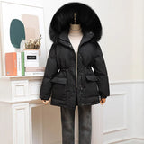 New Winter Women Thick Warm Large Real Fur Hooded Down Jacket 90% White Duck Down Coat Waist Retractable Parker