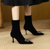 Breakj Boots Women's New French Pointed Tip Fine High-Heeled Water Drill Buckle Thin Thin Socks Boots In Autumn/Winter