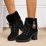 Breakj New Large Plus Velvet Warm Women's Shoes Round Head Thick Heel Short Barrel Over The Side Of The Zip