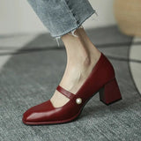 New Fashion Women Shoes Square Toe Mary Janes Shoes Square Heel Dress Shoes Pearl Buckle Pumps High Heels Office Shoe
