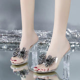 Breakj Drill Bow One-Word Slippers Women Summer Sexy Crystal And High-Heeched Cool Slippers Transparent