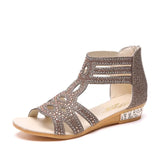 Women's Sandals Summer Golden Zipper Sandal Open Toe Gladiator Hollow Low Heel Sandals Bling wedges Pumps Ladies'
