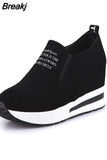 Flock Increasing Shoes High Heels Lady Casual Black Women Sneakers Leisure Platform Shoes Slip-On Breathable Height