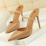 Breakj Retro Simple Baotou Slippers With High With Shallow Pointed Out A Word With Female