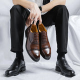 Breakj Men's Leather Shoes Pointed British Wind Derby Shoes Casual Three Joint Business Dress Groom Wedding Shoes