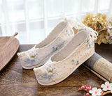 Breakj Shoes Hanfu Shoes Single Shoes / Cotton Shoes Blue Wave Ancient Costume Lotus Embroidered Cloth Shoes Girl Head