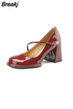 Mary Jane Shoes Women's Pumps 2023 Spring Red 8cm Chunky High Heels Wedding Shoes Shallow Pu Leather Slip on