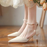 Breakj Wind High Heels Women's Fine Heel 2023 Autumn New Hollow Single Shoes Small Fresh Pearl Fairy Wind Bag Head