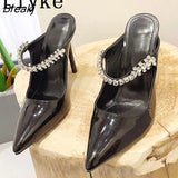 Brand Fashion Rhinestone Women Pumps White Leather Thin High Heels Mules Sandals Sexy Pointed Toe Stiletto Shoes