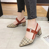 Spring Summer Women Shoes Leather Strap Sandals Woman Pointed Plaid Slingback Pumps Sandal Square Heels 6CM New