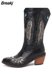 Big Size 34-43 Women Knee High Boots Cowboy Autumn Thick High Heels Pointed Toe Retro Butterfly Long Boots Shoes
