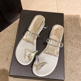 Sandals Women's Flat Bottom 2025 Summer New Fairy Students Toe Water Drill Round Head Cool Slippers Women