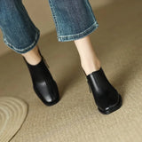 New Square Head Retro Casual Single Shoes Thick Heel Side Zipper Deep Mouth High Heel Square Head Black Solid Color Single Shoes