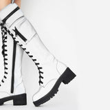 Design High Quality Female Motorcycle Boots Square Heel Lace-Up Narrow Band Winter Cool Street Women Knee High Boots